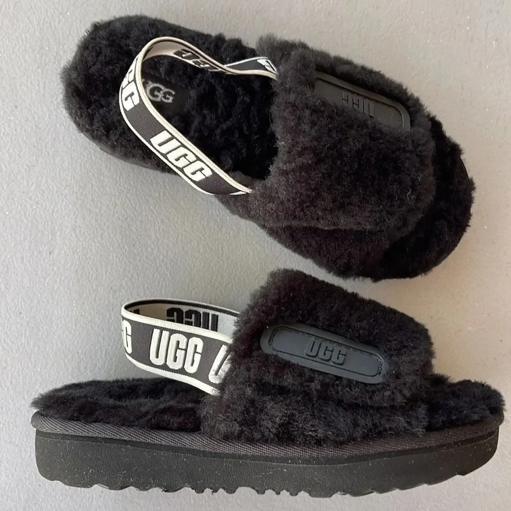 UGG Disco Slide Kids Black Fluffy Sandals - Slippers Size 13